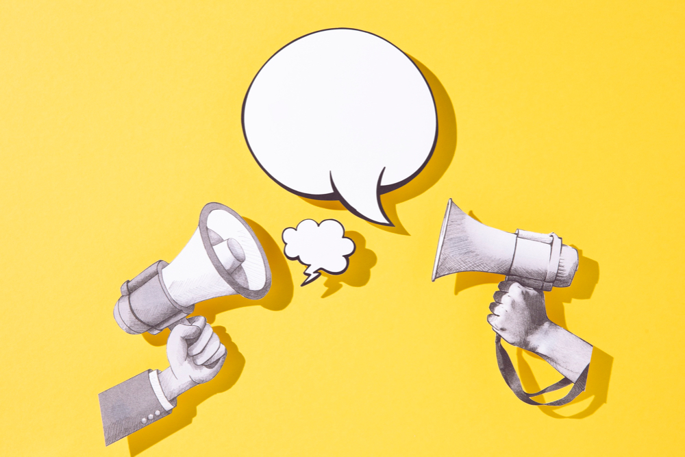 top view megaphones speech bubble
